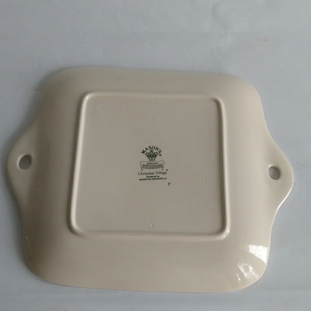 Vintage Masons Christmas Village Square Cake Plate Tab Handles Platter